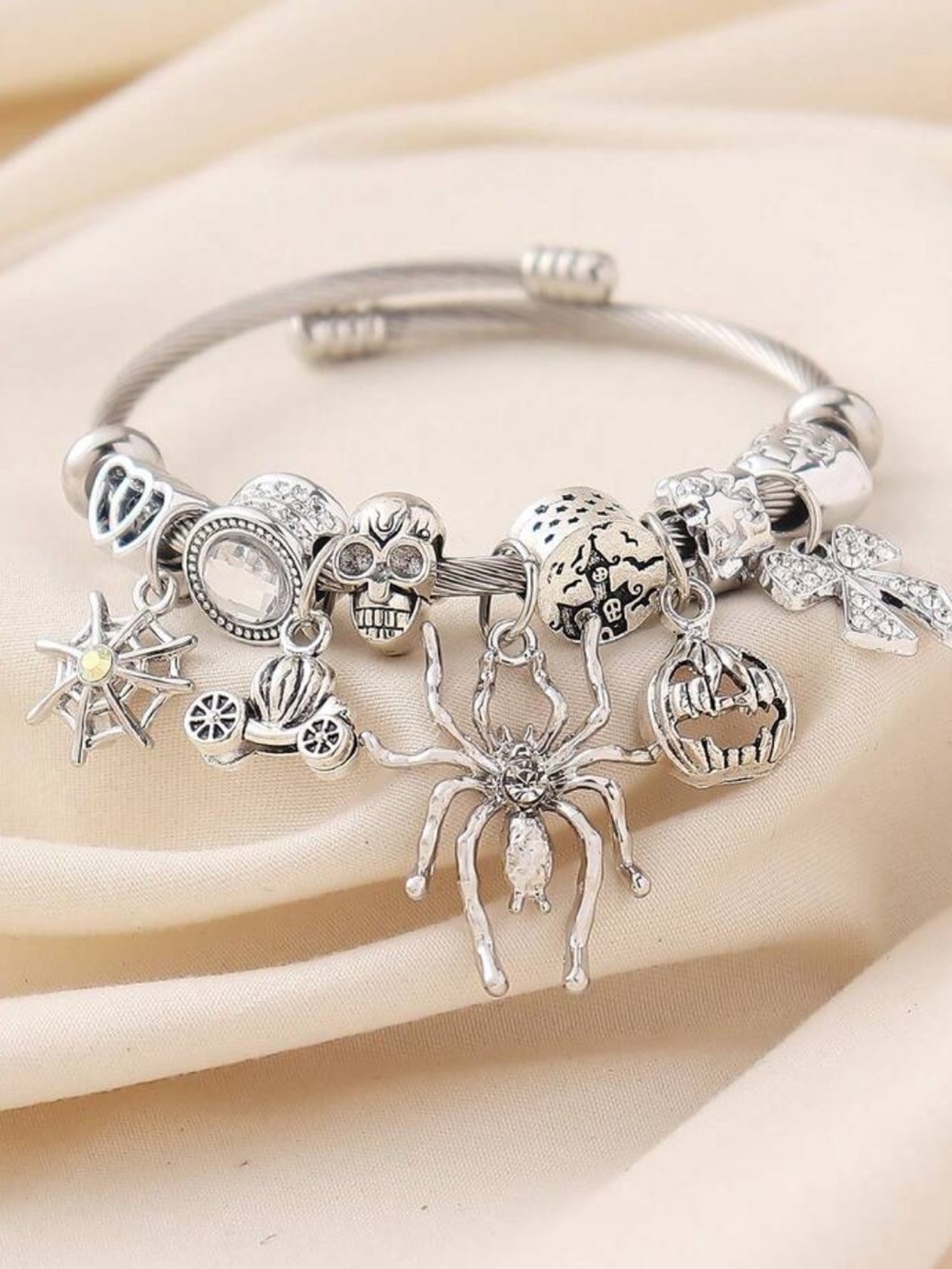 Silver Halloween Charm Bracelet with Spider Pumpkin Skull and Crystal Charms